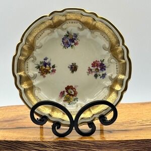 Vintage Oscar Schlegelmilch Floral Gold Gilt Scalloped Porcelain Bowl 6"‎